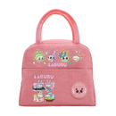 Pink insulated lunch bag with cartoon characters.