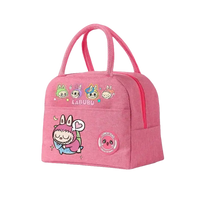 Pink insulated lunch bag with cartoon characters.
