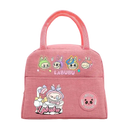 Pink insulated lunch bag with cartoon characters.