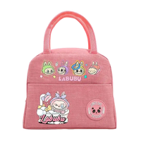 Pink insulated lunch bag with cartoon characters.