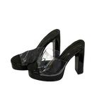Liyke Summer Square Toe Heel Platform Slippers with black platform heeled mules and clear straps