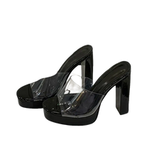 Liyke Summer Square Toe Heel Platform Slippers with black platform heeled mules and clear straps