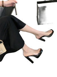 Black platform heeled mules from Liyke Summer Square Toe Heel Platform Slippers