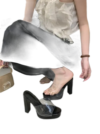 Black platform high heels with clear straps from Liyke Summer Square Toe Heel Platform Slippers, super trendy