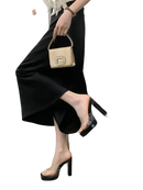 Woman wearing Liyke Summer Square Toe Heel Platform Slippers with a black skirt and beige purse