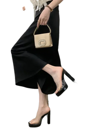 Woman wearing Liyke Summer Square Toe Heel Platform Slippers with a black skirt and beige purse