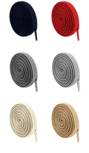 Coiled, flat shoelaces in various colors.