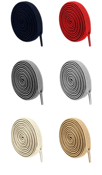 Coiled, flat shoelaces in various colors.