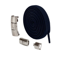 Navy blue elastic shoelaces with metal buckles.