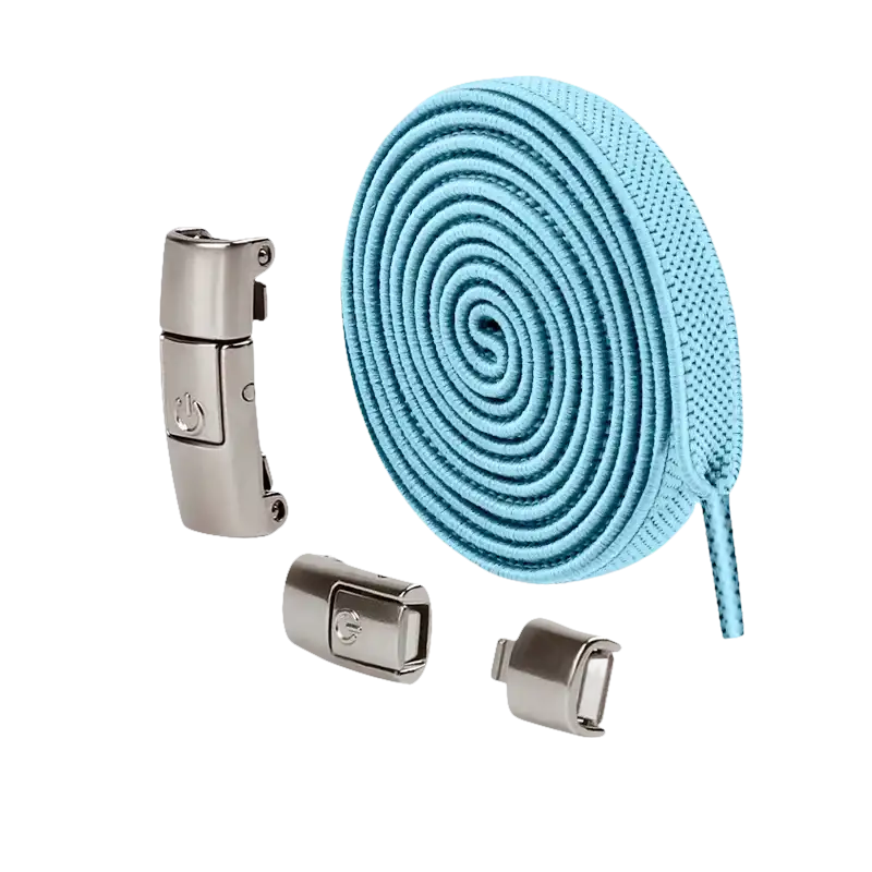 Sky blue elastic shoelaces with magnetic buckles.