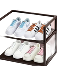 Two-tiered shoe rack with sneakers.
