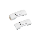 Two white magnetic shoelace buckles.