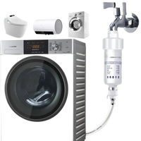 Silver washing machine with water filter attachment.