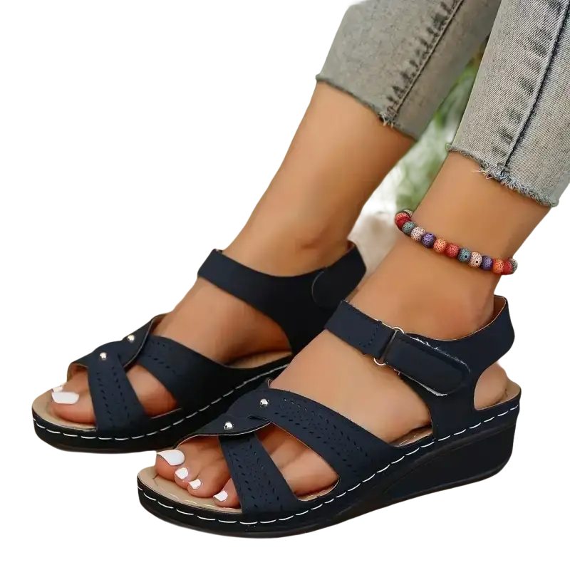 Lovely Leather and Navy Wedge Sandals Summer Beach Shoes