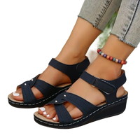 Navy blue wedge sandals.