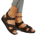Brown leather wedge sandals.