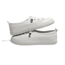 Stacked pair of white leather sneakers.