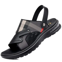 Black leather sandal with plaid accent.