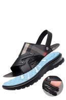 Black leather sandal with soft inner sole.