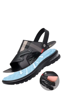 Black leather sandal with soft inner sole.
