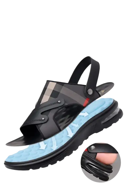 Black leather sandal with soft inner sole.