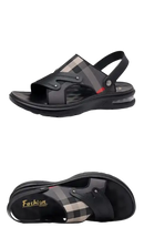 Black leather and plaid sandal.