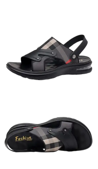 Black leather and plaid sandal.