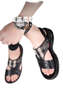 Black leather and plaid sandals.