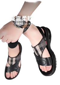 Black leather and plaid sandals.