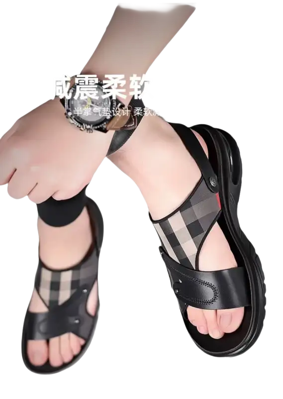Black leather and plaid sandals.