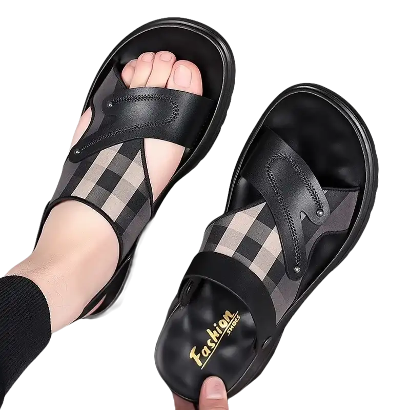 Black and plaid men’s sandals.