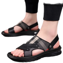 Black and plaid men’s sandals.