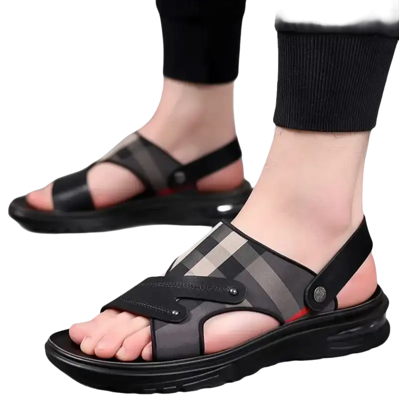 Black and plaid men’s sandals.