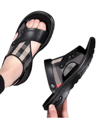 Black plaid men’s sandals.