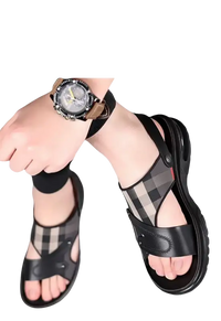 Men’s black leather and plaid sandals.