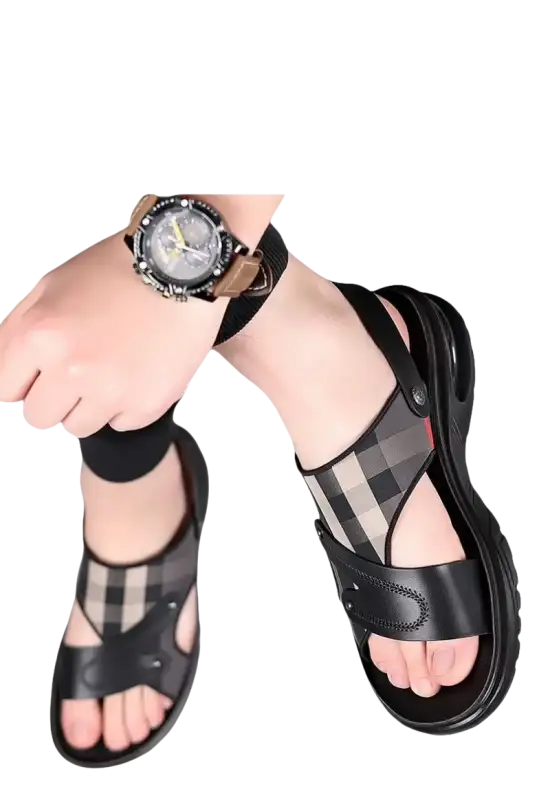 Men’s black leather and plaid sandals.