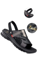 Men’s black leather sandal with adjustable heel strap.