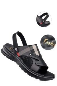 Men’s black leather sandal with adjustable heel strap.