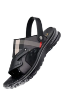 Men’s black and plaid sandal.