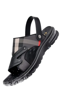 Men’s black and plaid sandal.