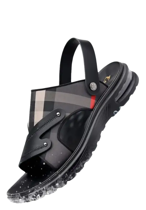 Men’s black and plaid sandal.