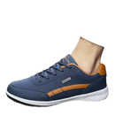 Blue and brown leather sneakers.