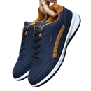 Blue and brown leather sneakers.