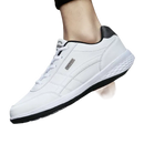 White leather sneaker with black accents.