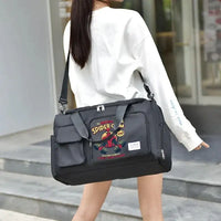 Black duffel bag with Spider-Man graphic.