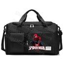 Black duffel bag with Spiderman graphic.