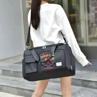 Black duffel bag with a Spider-Man graphic.