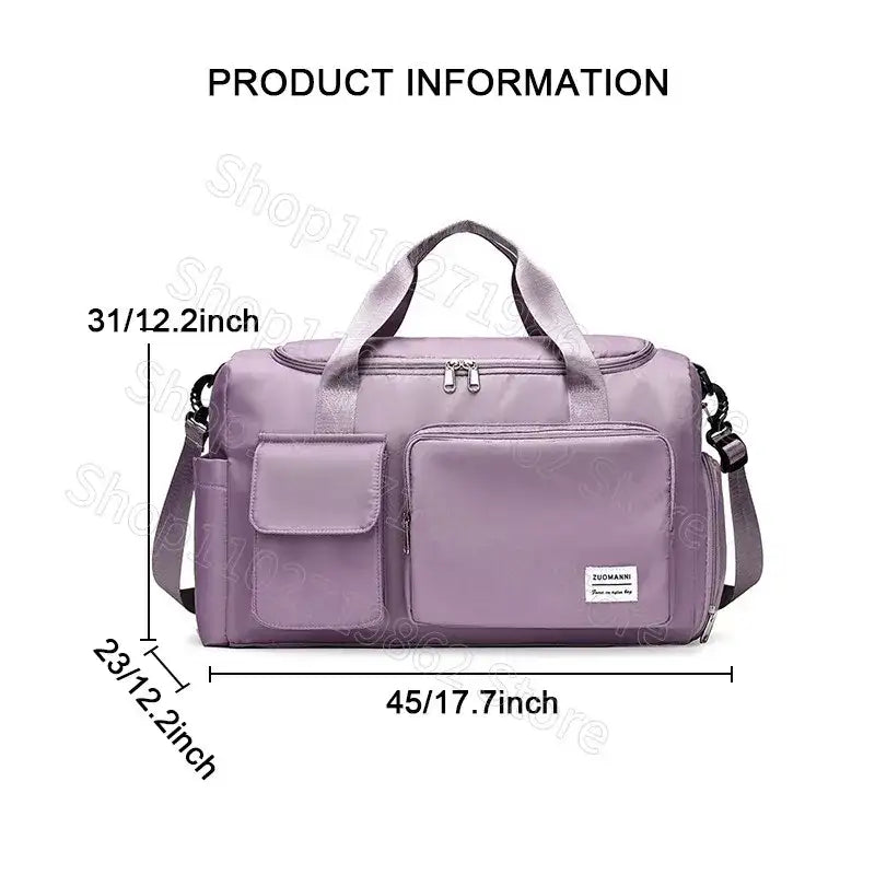 Lavender duffel bag with pockets.