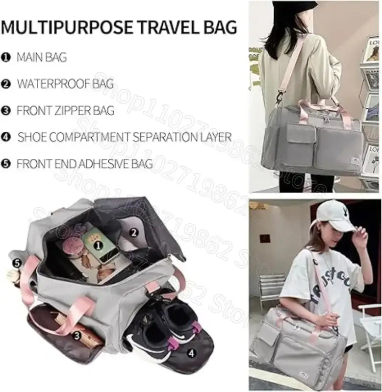 Multipurpose gray travel bag with pink accents.