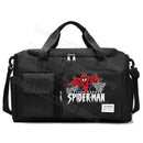 Black duffel bag with Spiderman design.